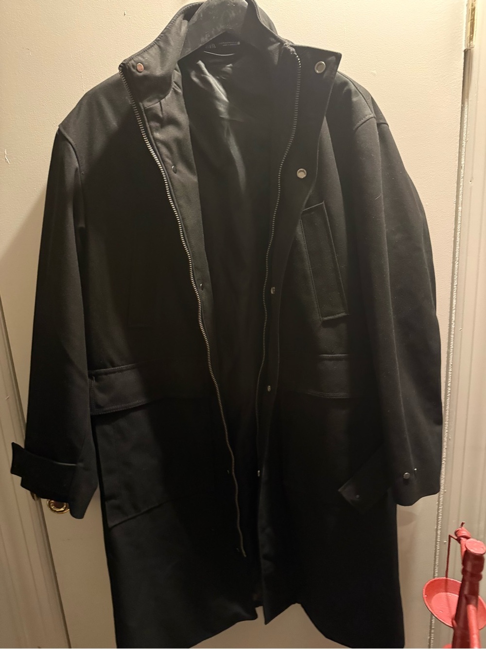 Black Trench Coat with Zip and Snap Closure